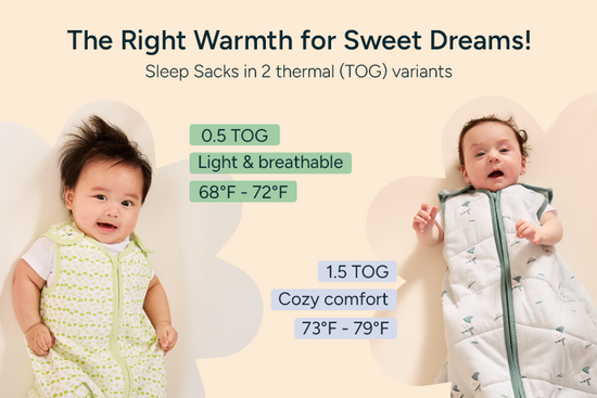 A promotional banner displaying two babies dressed in sleep sacks, one in a light, breathable 0.5 TOG variant and the other in a cozy 1.5 TOG version. The 0.5 TOG sleep sack is ideal for warmer temperatures, ranging from 73°F to 79°F, while the 1.5 TOG is for cooler weather, between 68°F and 72°F. The banner emphasizes the comfort and warmth of Nintara Baby’s sleep sacks, highlighting the different thermal variants for sweet dreams.