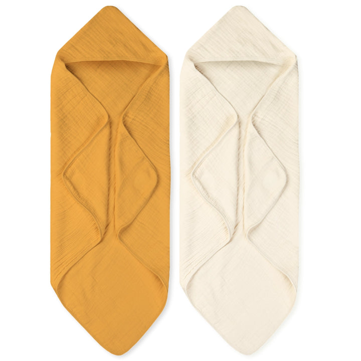 Two baby hooded towels in mustard yellow and cream with wrap-around wings and hoods