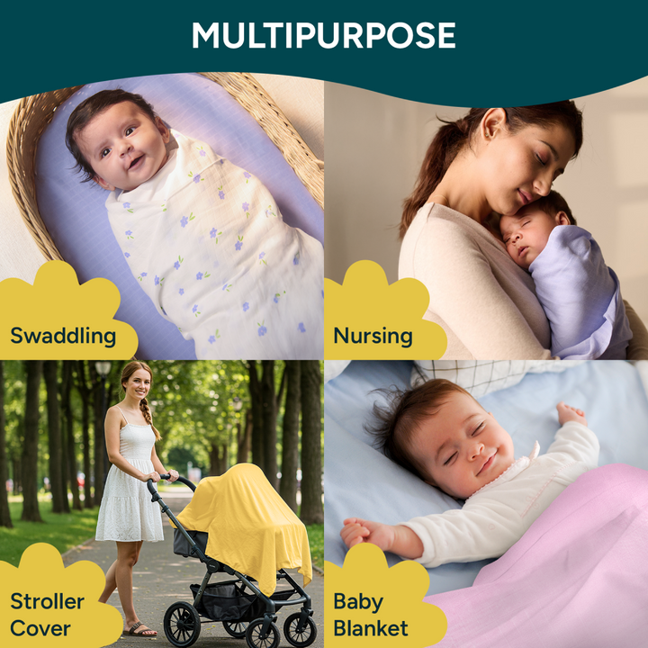Four versatile uses of the Nintara Baby swaddle are displayed in a grid layout. The top-left image shows a baby swaddled in a soft, pastel-colored swaddle. Below, the swaddle is used as a nursing cover with a mother gently holding her baby. The bottom-left image shows the swaddle covering a stroller to shield the baby from sunlight, while the bottom-right shows a baby sleeping comfortably under the swaddle as a blanket.