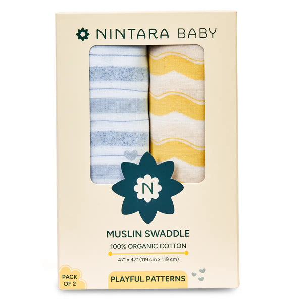 Two-pack muslin baby swaddles with blue stripes and yellow wavy lines for newborns