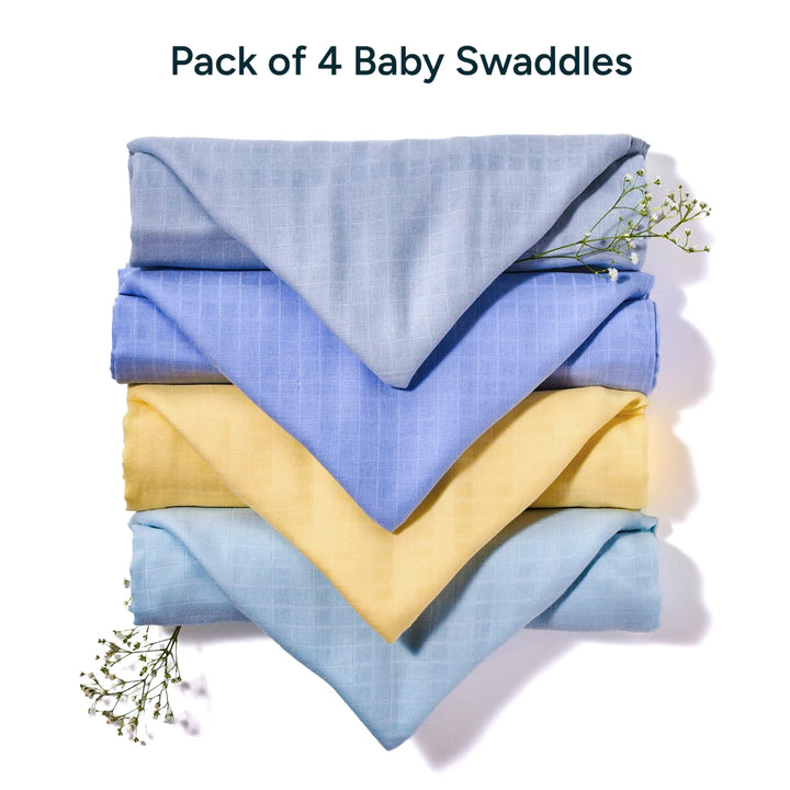 Stack of four pastel-colored baby swaddles in a set of four for Baby Swaddle Extra-Large