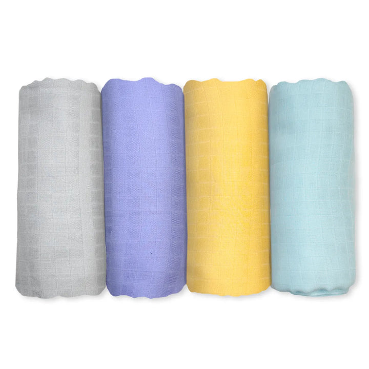 Set of four extra-large baby swaddle blankets in light gray lavender yellow and light blue