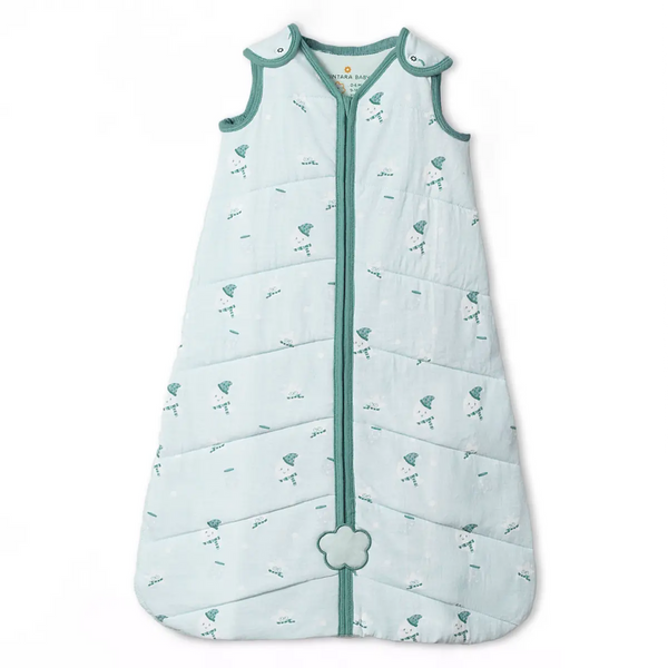 Light blue Baby Sleep Sack 1.5 TOG with white and green sheep pattern from Moonlit Magic