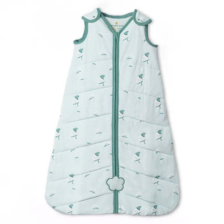 Light blue Baby Sleep Sack 1.5 TOG with white and green sheep pattern from Moonlit Magic
