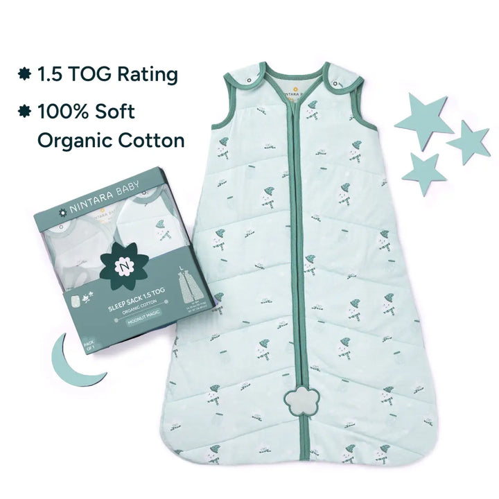 The image shows a light blue sleep sack with a 1. 5 TOG rating made from 100% soft organic cotton, designed for babies. It is neatly folded and placed next to its eco-friendly packaging, which highlights its organic material and safety features. The sleep sack is adorned with a playful print of tiny illustrations, such as clouds and stars, in soft green. Soft pastel stars surround the product, adding a whimsical touch.