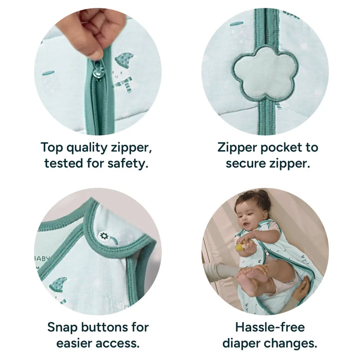 This image shows close-up views of the sleep sack's top quality zipper, zipper pocket, snap buttons, and the easy diaper change feature. One close-up highlights the smooth zipper mechanism, secured by a cute zipper pocket with a flower shape. Another shows the snap buttons for easy access, emphasizing the product's safety-tested zipper and user-friendly design. These elements ensure the sleep sack is practical and safe for both parents and babies.