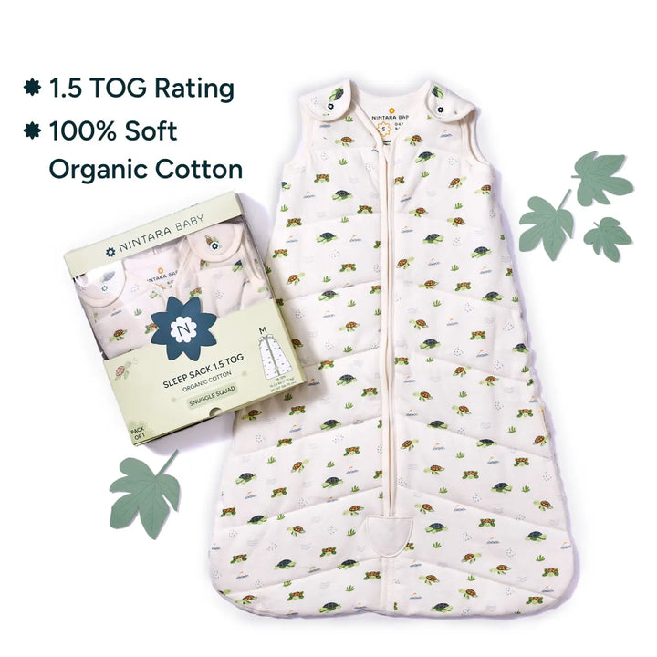 The image presents a new version of the Nintara Baby sleep sack, this time with an adorable turtle pattern. The sleep sack is made from 100% organic cotton, offering superior softness and comfort. It's paired with its minimalistic packaging, which features the same turtle design, emphasizing the organic material and soft texture. The TOG rating and fabric information are also prominently displayed on the packaging.