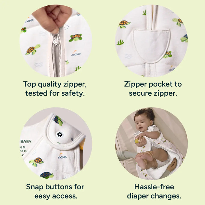 This image shows close-up views of the sleep sack's top quality zipper, zipper pocket, snap buttons, and the easy diaper change feature. One close-up highlights the smooth zipper mechanism, secured by a cute zipper pocket with a flower shape. Another shows the snap buttons for easy access, emphasizing the product's safety-tested zipper and user-friendly design. These elements ensure the sleep sack is practical and safe for both parents and babies.