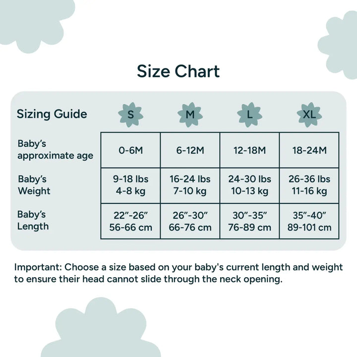 An in-depth sizing chart for Nintara Baby's sleep sack is displayed in a neatly organized table. The chart is divided into four size categories: Small (S), Medium (M), Large (L), and Extra Large (XL). For each size, the chart provides clear guidance on the baby's approximate age, weight range, and length. For example, size Small (S) is recommended for babies aged 0-6 months, weighing 9-18 lbs (4-8 kg), and measuring 22-26 inches (56-66 cm) in length.