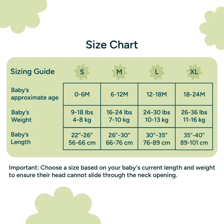 An in-depth sizing chart for Nintara Baby's sleep sack is displayed in a neatly organized table. The chart is divided into four size categories: Small (S), Medium (M), Large (L), and Extra Large (XL). For each size, the chart provides clear guidance on the baby's approximate age, weight range, and length. For example, size Small (S) is recommended for babies aged 0-6 months, weighing 9-18 lbs (4-8 kg), and measuring 22-26 inches (56-66 cm) in length.