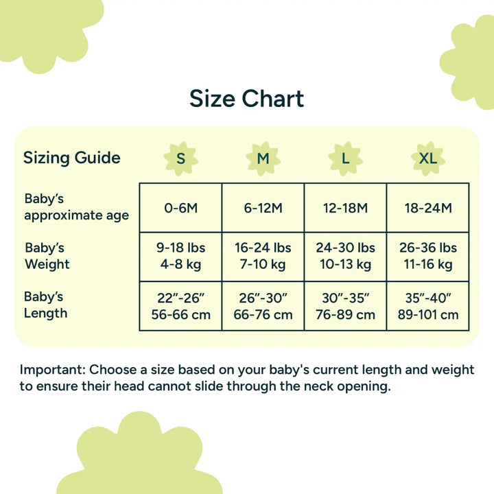 An in-depth sizing chart for Nintara Baby's sleep sack is displayed in a neatly organized table. The chart is divided into four size categories: Small (S), Medium (M), Large (L), and Extra Large (XL). For each size, the chart provides clear guidance on the baby's approximate age, weight range, and length. For example, size Small (S) is recommended for babies aged 0-6 months, weighing 9-18 lbs (4-8 kg), and measuring 22-26 inches (56-66 cm) in length.