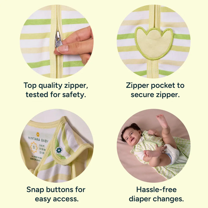 This image shows close-up views of the sleep sack's top quality zipper, zipper pocket, snap buttons, and the easy diaper change feature. One close-up highlights the smooth zipper mechanism, secured by a cute zipper pocket with a flower shape. Another shows the snap buttons for easy access, emphasizing the product's safety-tested zipper and user-friendly design. These elements ensure the sleep sack is practical and safe for both parents and babies.