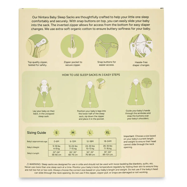 Baby Sleep Sack 0.5 TOG Soft Sage with sizing guide and usage instructions