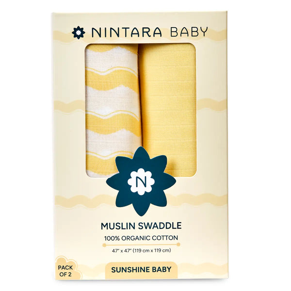 Pack of two yellow and white patterned muslin baby swaddles from Sunshine Baby