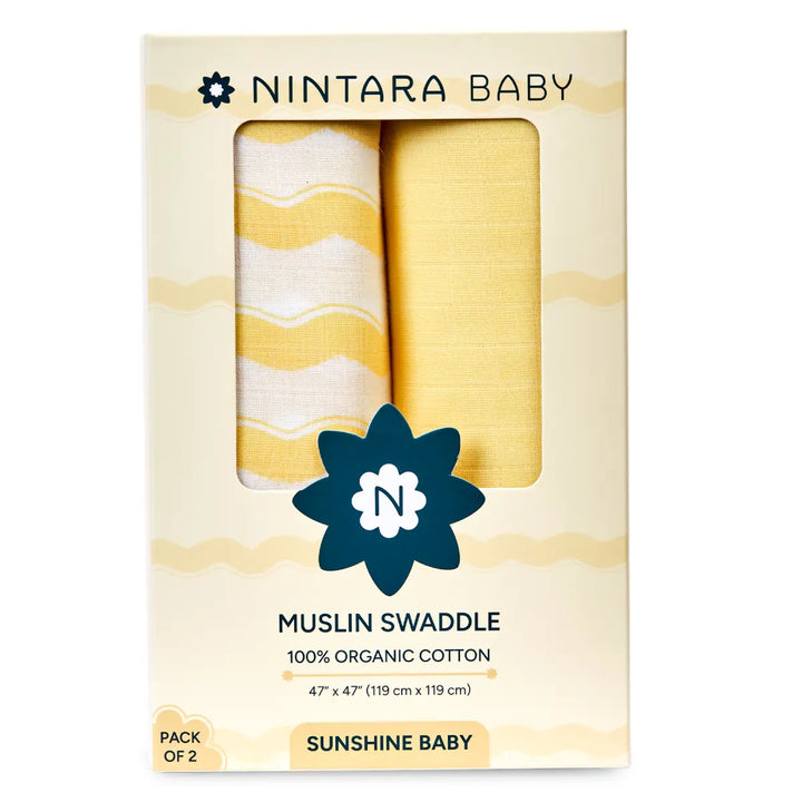 Pack of two yellow and white patterned muslin baby swaddles from Sunshine Baby