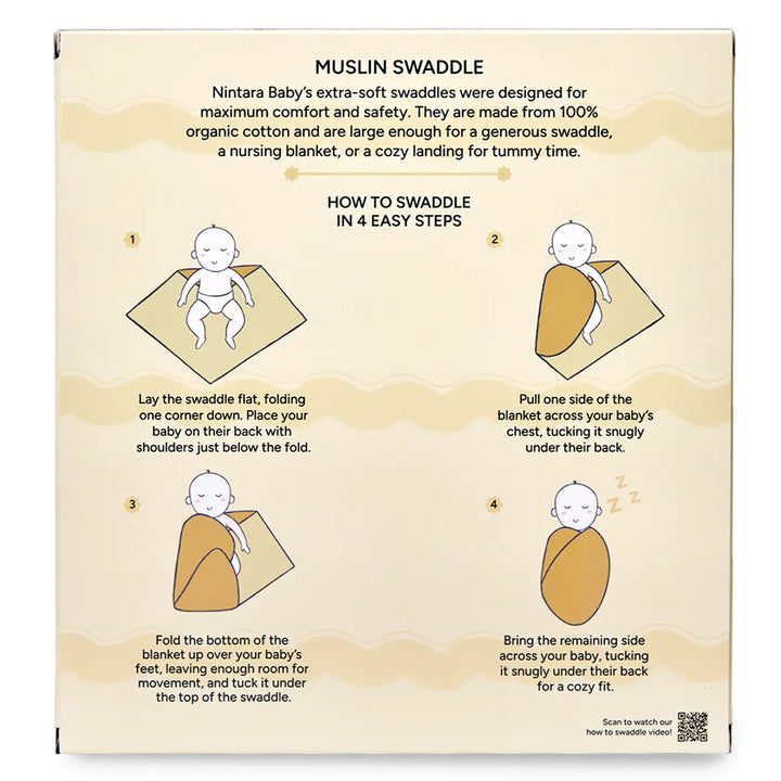 Instructions for swaddling a baby with a muslin blanket from Sunshine Baby set