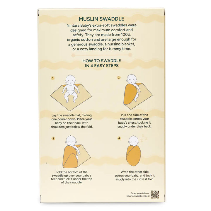 Guide for swaddling a baby with a muslin blanket from Sunshine Baby Extra-Large Swaddle Set