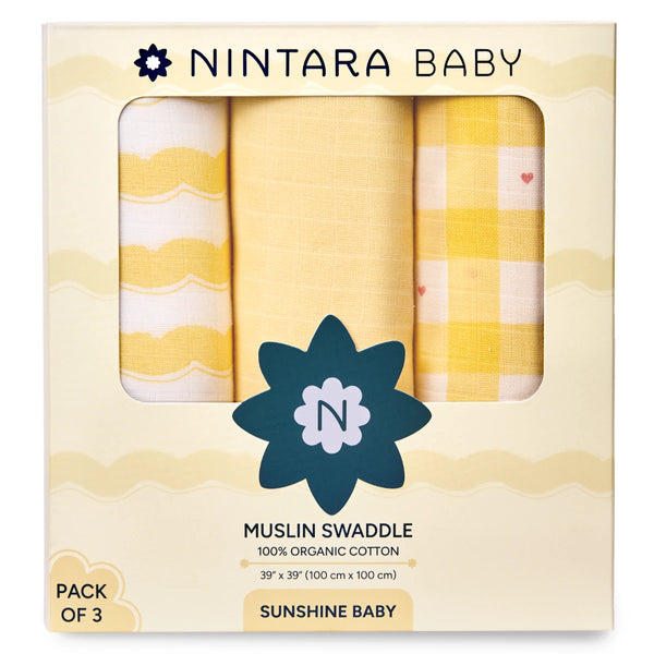 Pack of three yellow and white patterned muslin baby swaddles from Sunshine Baby
