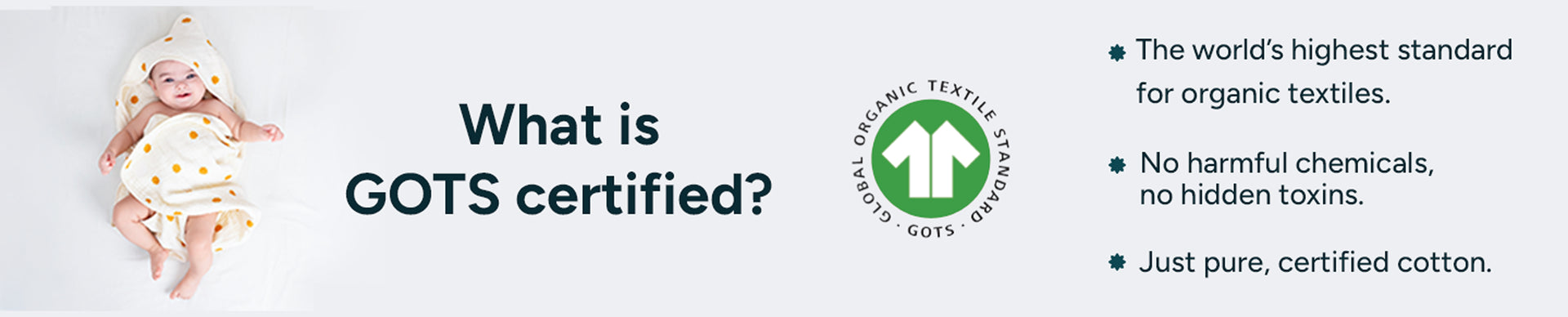 Educational banner explaining GOTS certification, highlighting that organic cotton textiles meet high environmental and safety standards and are free from harmful chemicals and hidden toxins