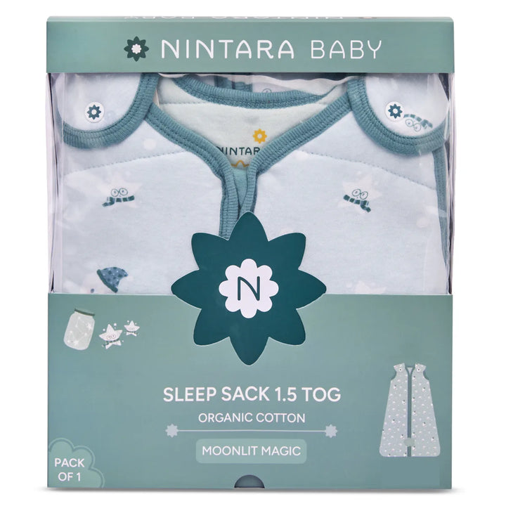 Nintara Baby sleep sack packaging with green and white design