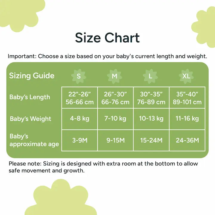 Nintara Baby sleep sack size chart. Size S fits babies 22-26 inches, 4-8 kg, aged 3-9 months. Size M fits 26-30 inches, 7-10 kg, aged 6-12 months. Size L fits 30-35 inches, 10-13 kg, aged 12-18 months. Size XL fits 35-40 inches, 11-16 kg, aged 18-24 months.