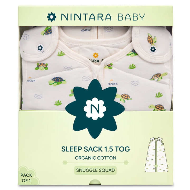 Nintara Baby sleep sack packaging with turtle design on a light green background