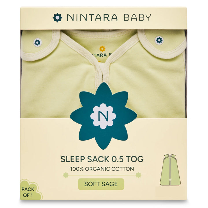 Nintara Baby sleep sack packaging with a yellow baby outfit on a beige background